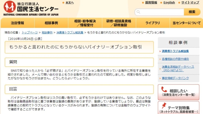 バイナリーオプションに対する注意