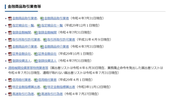 金融商品取引業者の一覧